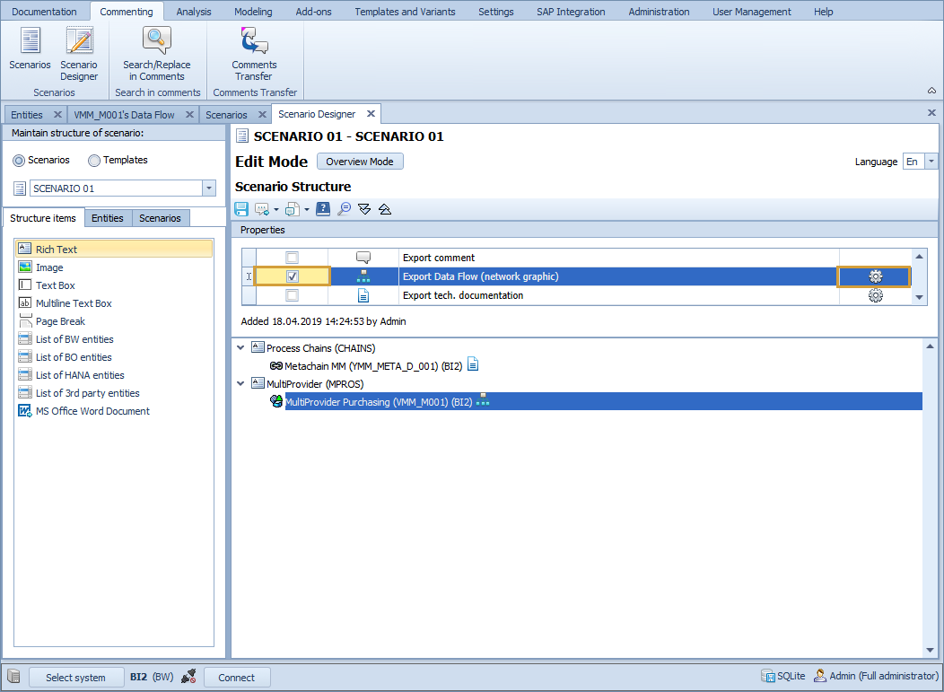 Export Data flow property and Settings for the export in the Scenario editor