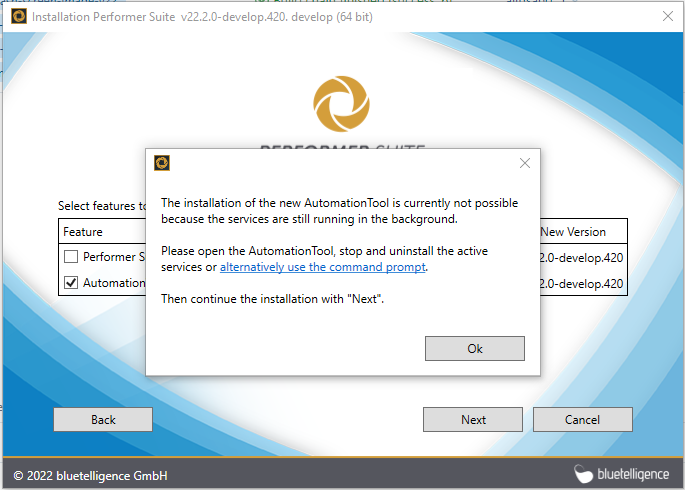 Pop-up informing, that the Performer Suite services have to be stopped and uninstalled to continue