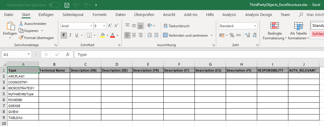 downloaded Excel with columns for type, Technical name, descriptions in different languages and more