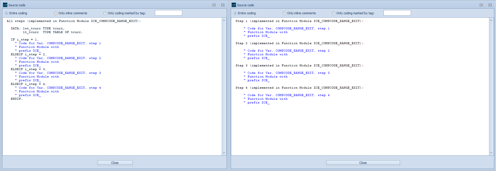 Coding with Show entire coding activated (left) versus with Show entire coding deactivated (right)