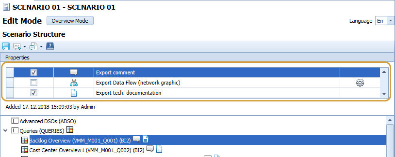 Properties selectable for export in the Senario