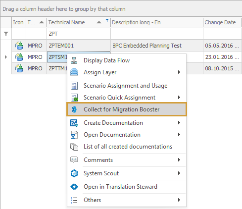 Collect for Migration Booster option in the context menu of a BW object