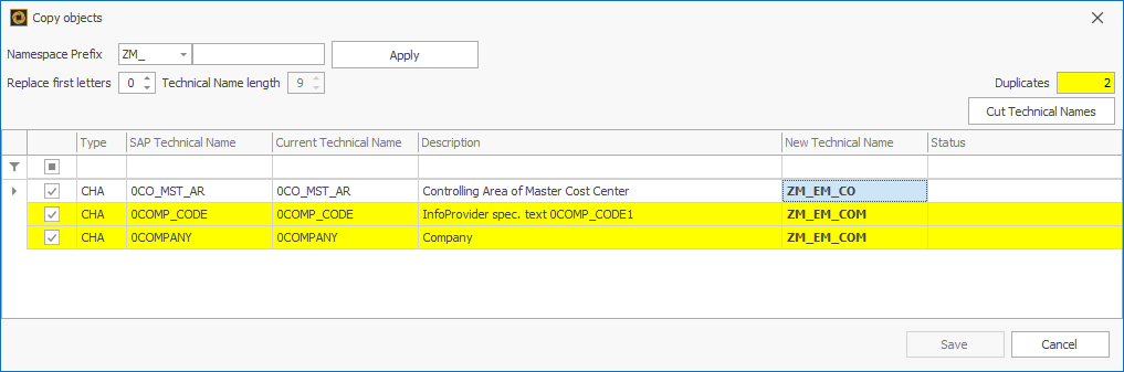 2 objects marked yellow in the dialog window, indicating that the new technical name is already used