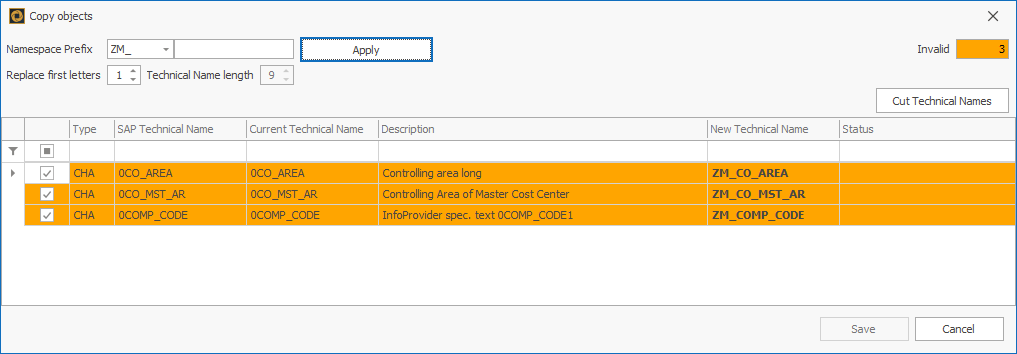3 objects marked orange in the dialog window, indicating that the technical names are invalid