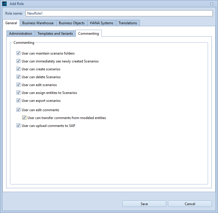 Scenario authorizations in the Role editor