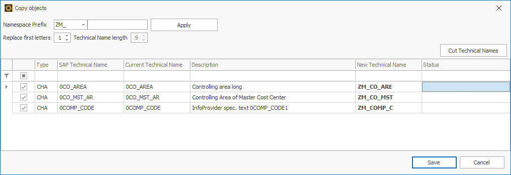 Dialog window with 3 objects of which the first letter was change automatically