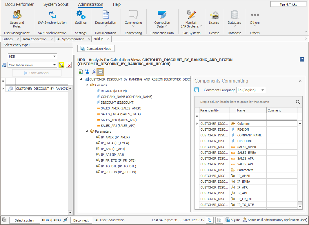 Commenting of Components button in the Analyze and compare toolbar and Comment area on the right side