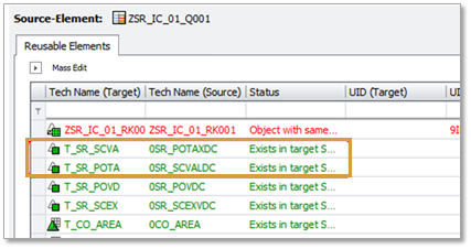 The two InfoObjects switched names from source to target system