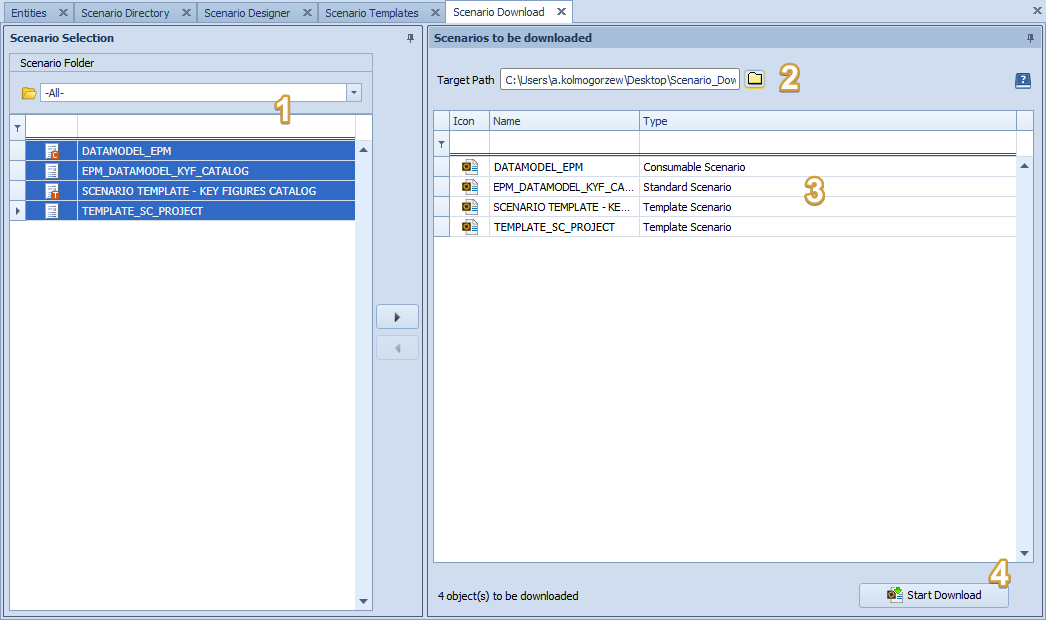 Scenario Download area with the Scenario Selection, target path, overview and Start button