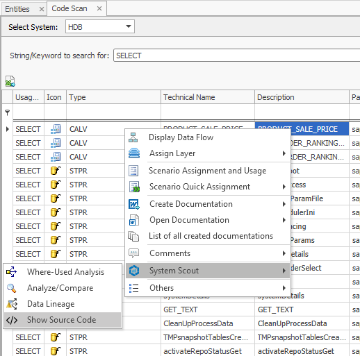 Show source code option in the System Scout submenu of the context menu of a result