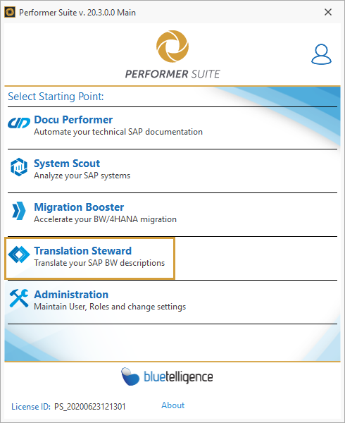 Translation Steward in the Performer Suite launcher