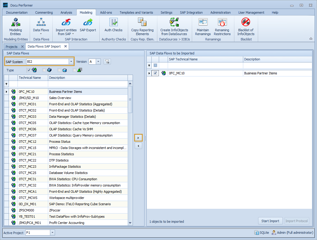 Data Flow import section with System and Object selection and import area