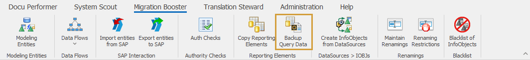 Backup Query Data button in the Migration Booster ribbon