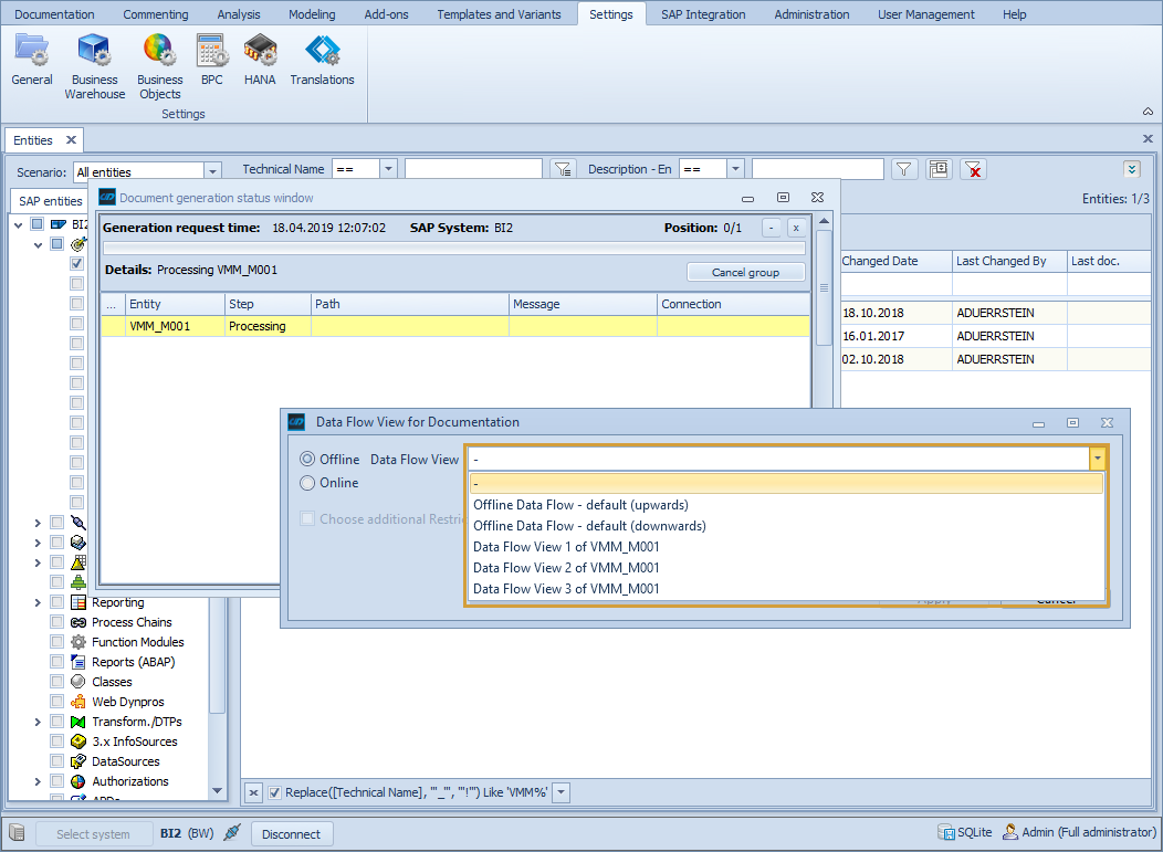 Selection of Data Flow View for the documentation of an object