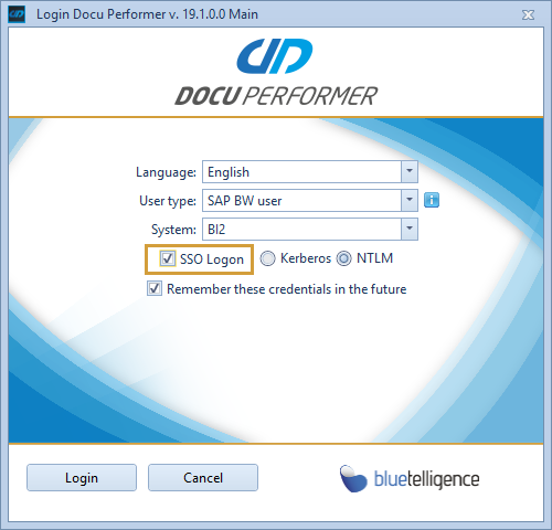 Performer Suite Login window with SSO Logon selected