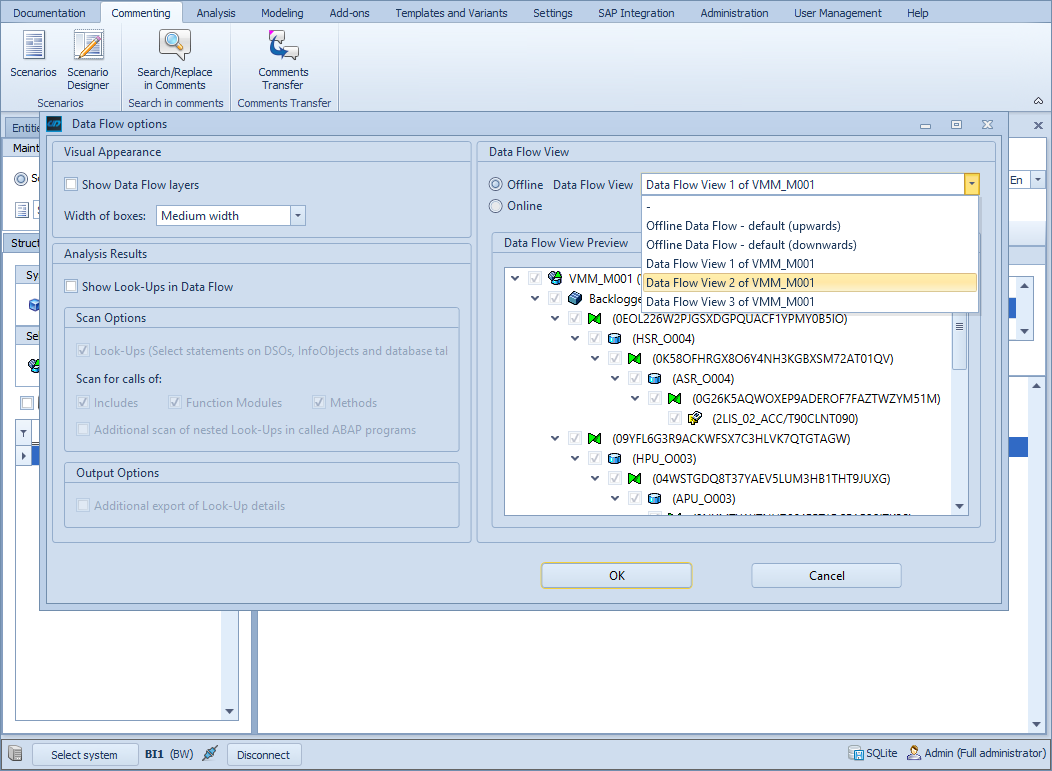 Data Flow View selection for the display in the Scenario documentation