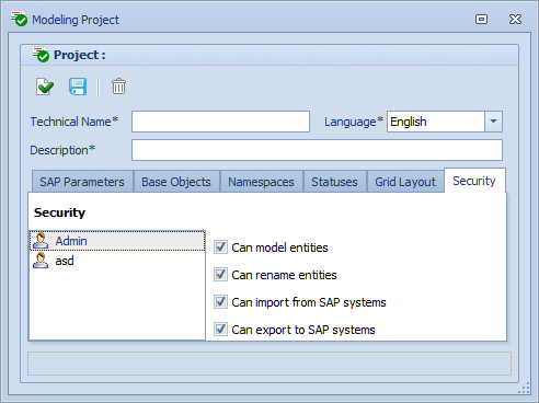 security tab in the modeling project settings