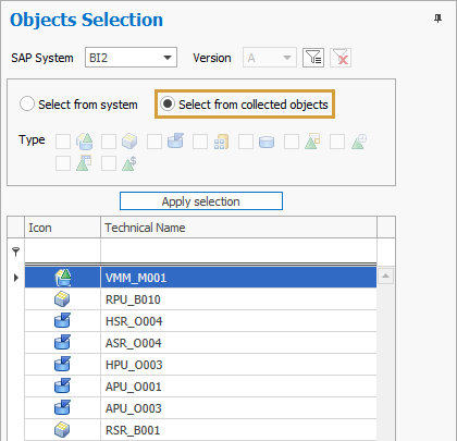 Select from collected objects radio button in the Import from SAP object selection