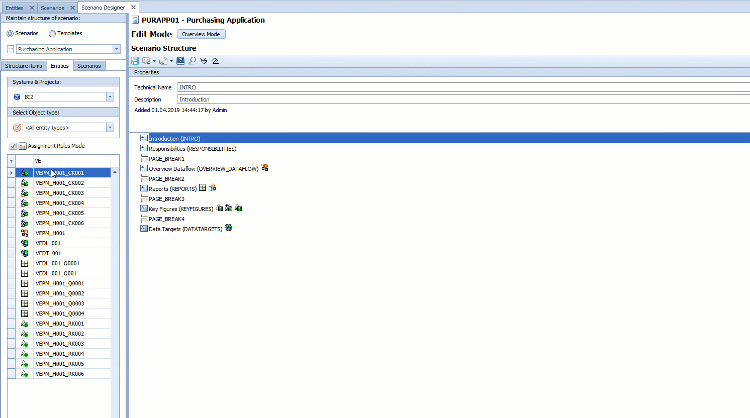 Drag and drop of multiple entities into the scenario structure