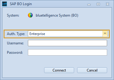 BO Login Window with Enterprise selected as Authentication Type